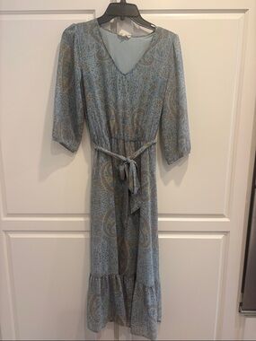 Paisley V-Neck Maxi Dress with Self-Tie Waist - Light Blue